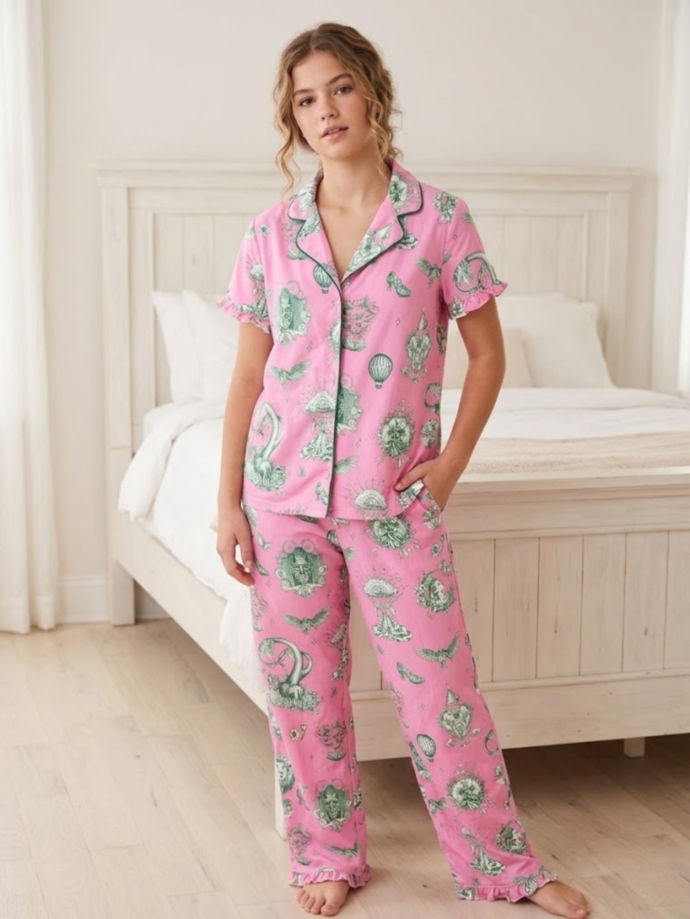 New Girls Wicked Katie Kime Pink Printed Two-Piece Pajama Set Sz 14/16
